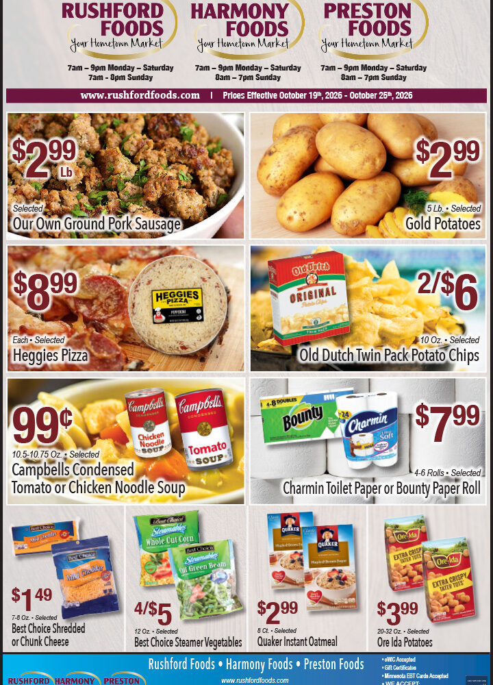 Rushford, Preston and Harmony Foods Weekly Specials